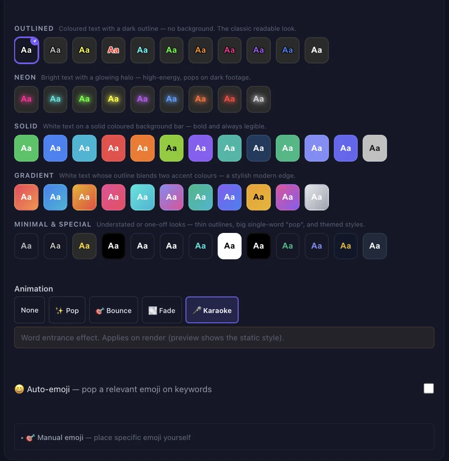 ChopHub Studio Captions panel: five caption style families — Outlined, Neon, Solid, Gradient, and Minimal and Special — shown as rows of style swatches; animation options None, Pop, Bounce, Fade and Karaoke, with Karaoke selected; auto-emoji and manual emoji controls; and an Apply and Render button.