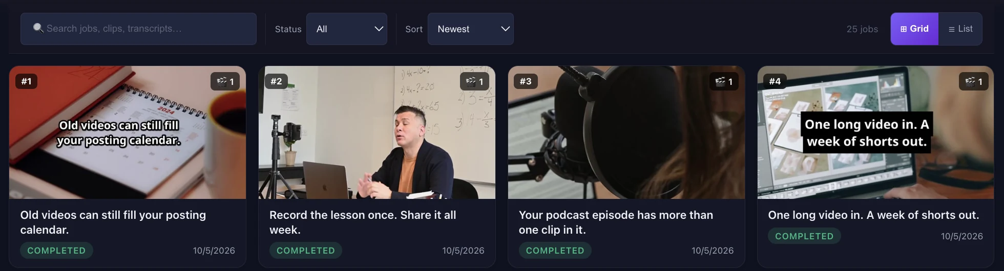 ChopHub results gallery: completed jobs shown as tiles, each with a designed cover image and headline such as “Old videos can still fill your posting calendar” and “One long video in. A week of shorts out.”